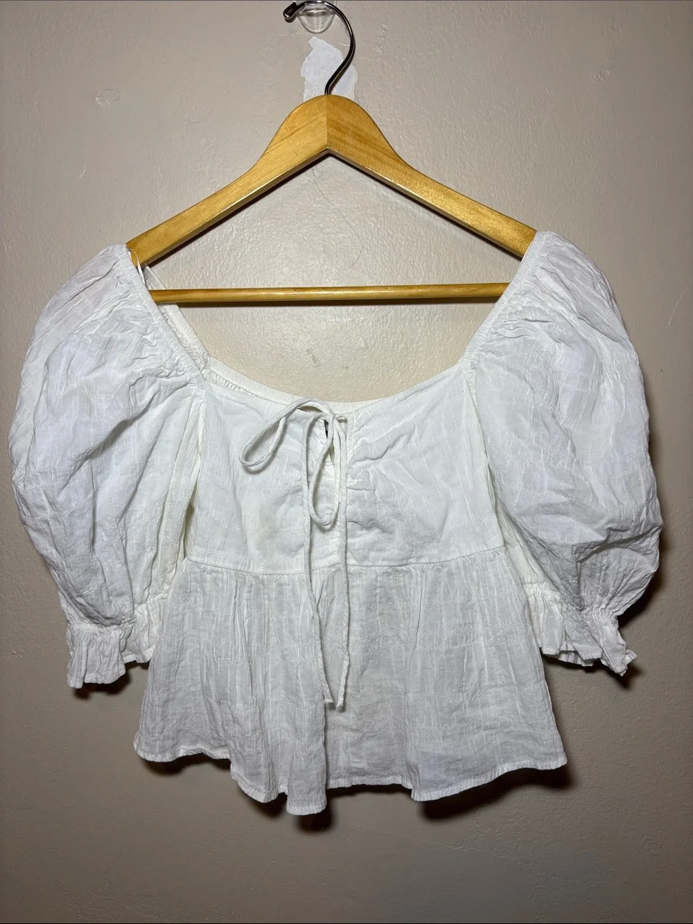 Zara White Puff Sleeve Tie-Front Peplum Blouse